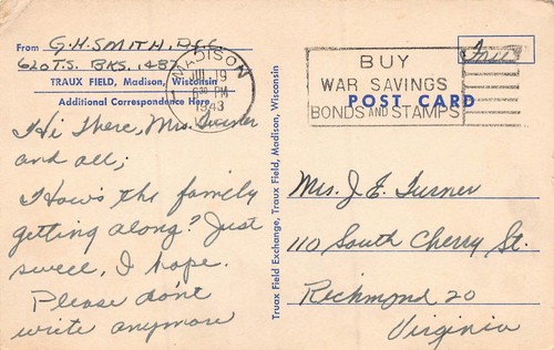 MADISON WISCONSIN~TRUAX FIELD~WW2 MILITARY~1943 SOLDIER FREE POSTAGE POSTCARD - 第 2/2 張圖片