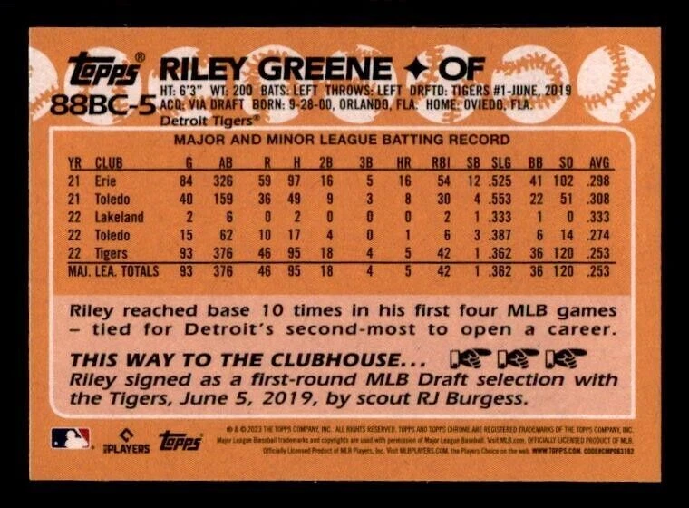2023 Topps Chrome '88 Topps #88BC5 Riley Greene Tigers Rookie - Image 2 of 2