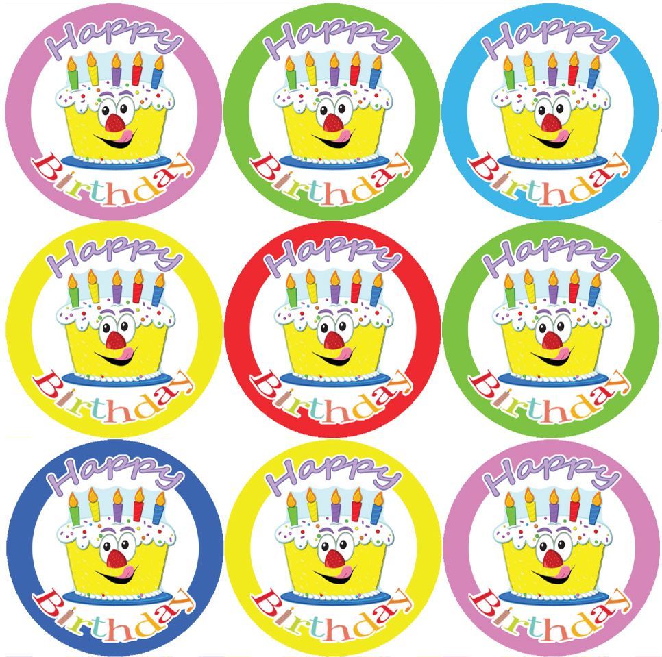 144 Happy Birthday Cake Themed Reward Stickers Teachers, Parents - Size 30 mm