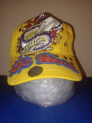Ed Hardy Trucker Hat Embroidered Rhinestone Snake Tattoo Snapback Cap Yellow New