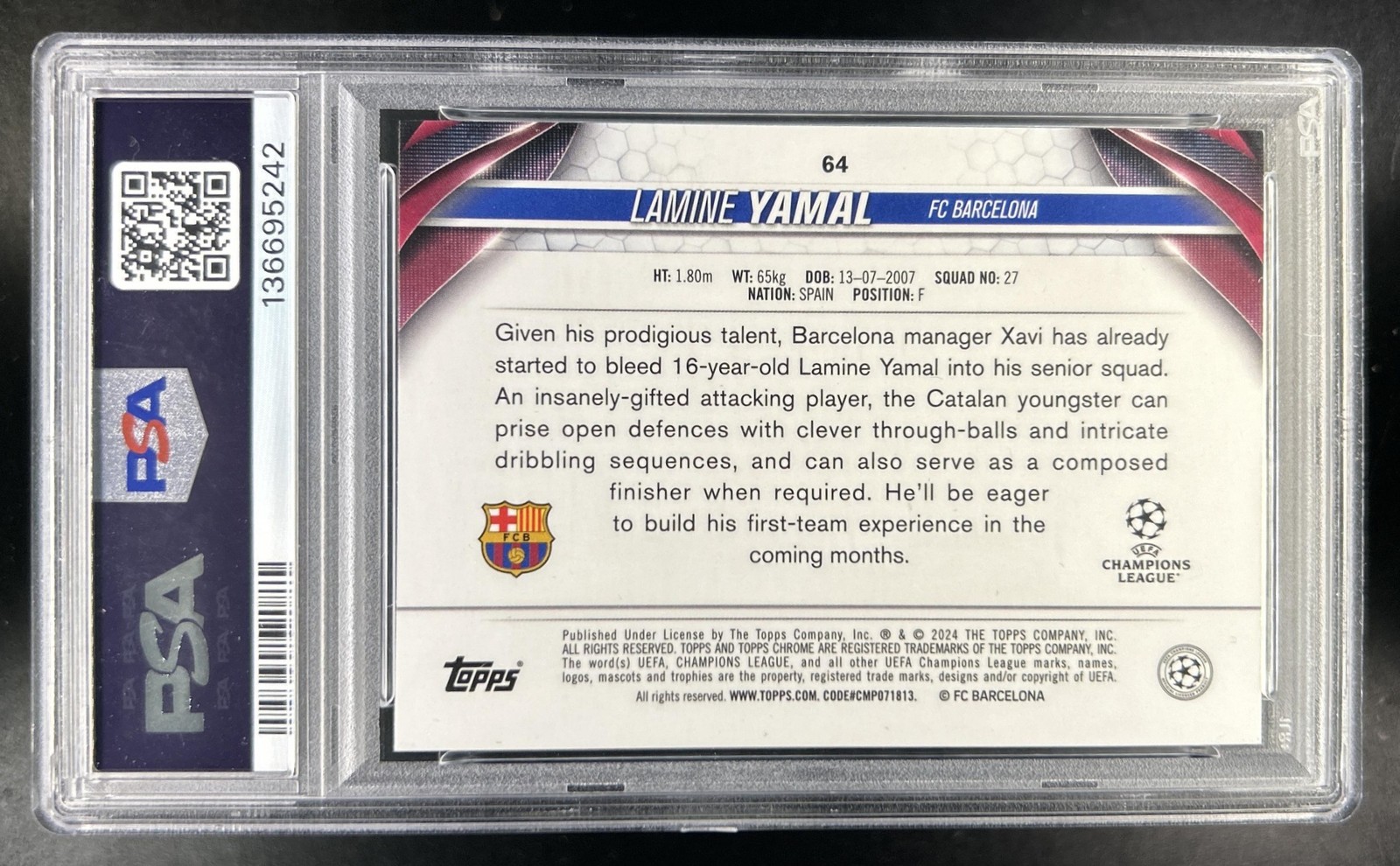 2023-24 Topps Chrome UEFA Lamine Yamal Rookie RC #64 Barcelona PSA 10 GEM MINT view 2