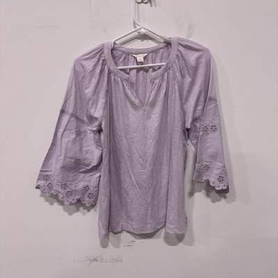 Caslon Blouse Womens Small Purple Embroidered Bell Sleeve Top Boho NWT