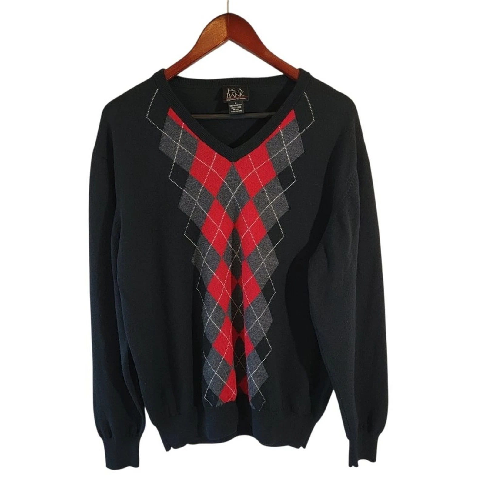 Jos. A. Bank Black Argyle 100% Merino Wool Sweater Sz L Old Money Quite Luxury