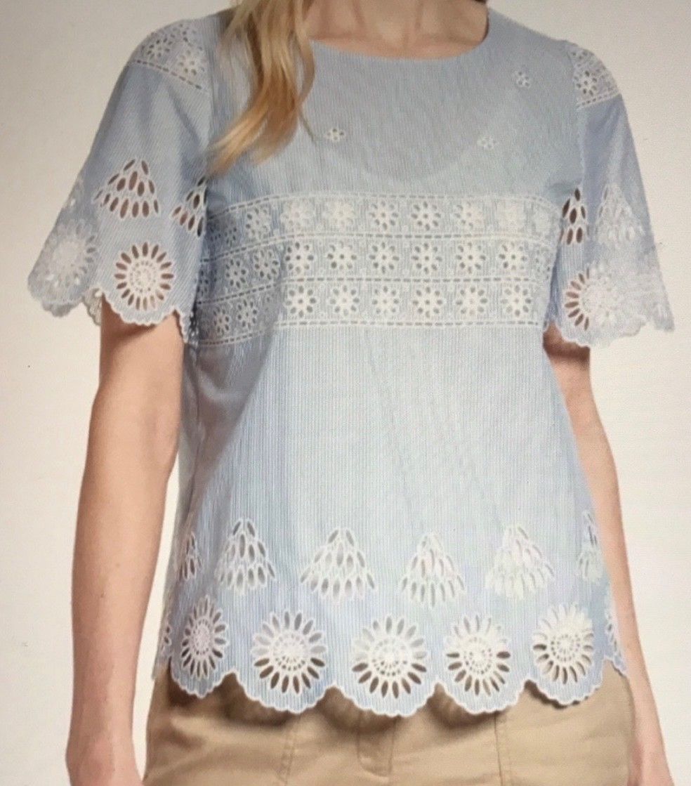 Nordstrom Signature Short Sleeve Blue Eyelet Top Size Small L135702