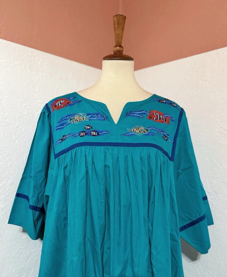 Bechamel хлопок синий Mumu вышитый патио платье природы рыбы богемное макси плюс 2 X - Изображение 3 из 4