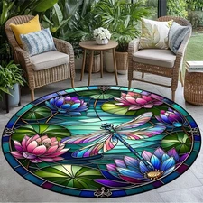HKStorage Colorful Dragonflies & for Lotus Flowers Round Rug - Stained Glass Sty