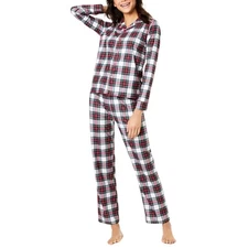 FAMILY PAJAMAS Women's 2-Piece Stewart Plaid Pajama Set sz L Large White PJs