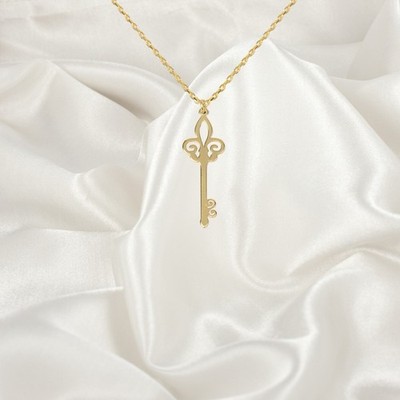Fleur de Lis Key Necklace, Dainty Everyday Necklaces, Key Gifts