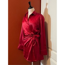 ASTR Women's Rouge Red Satin Belted Wrap Collard Bodycon Mini Shirt Dress