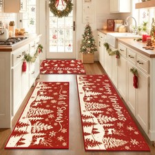 Christmas Kitchen Rugs 3 Piece Set, 20"x32" 20"x48" 20"x59" Low Pile Winter S...