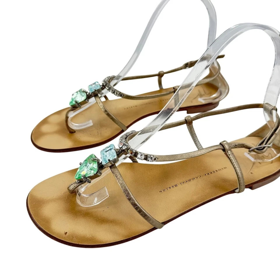 Sandalias planas Giuseppe Zanotti diseño adornadas piedras preciosas cuero dorado para mujer 38 Foto 4 de 4
