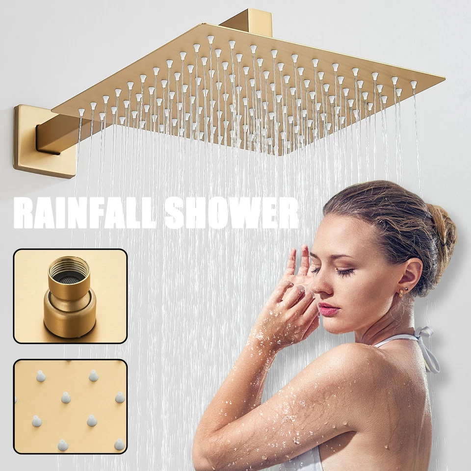 Juego de grifo de ducha dorado cepillado sistema de cabezal de lluvia de 12 pulgadas con kit de válvula montaje en pared Foto 3 de 4