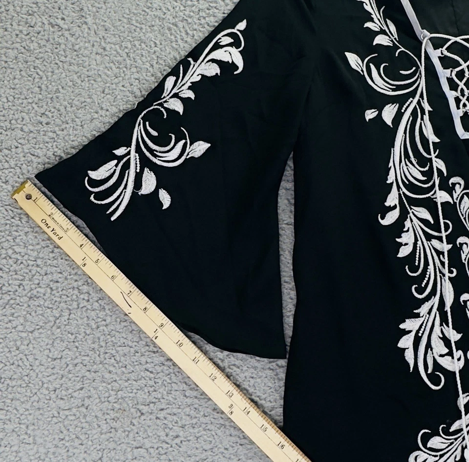 Babe Best Womens M Black White Floral Western Embroidered Pullover 3/4 Sleeve - Imagem 3 de 4