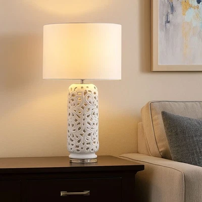 Tischleuchte Leselampe Tischlampe Textil Keramik weiß Nachttischlampe LED H 71cm - Bild 1 von 4