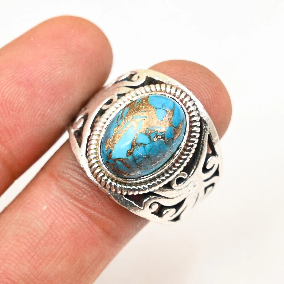 Hermoso anillo para hombre azul cobre turquesa plata de ley 925, todas las tallas M844 Foto 2 de 4