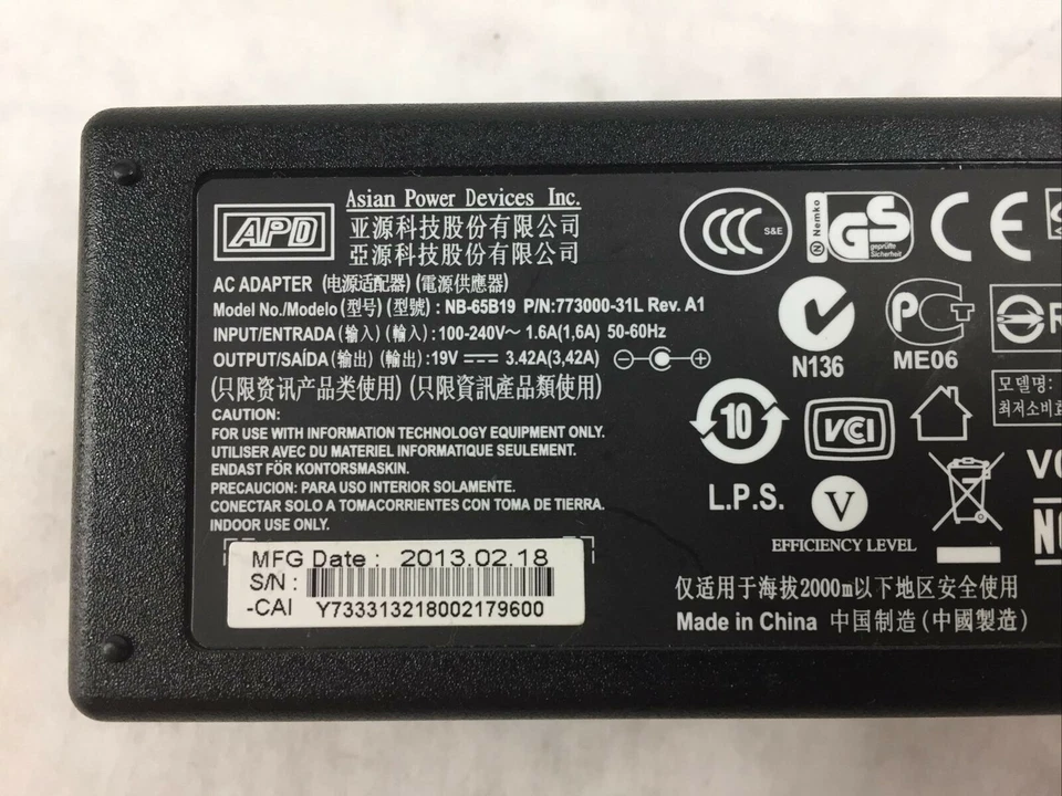 Adaptador de CA 19V 3.42A (Lote de 2) Asian Power Devices NB-65B19 (Lote de 2) Foto 4 de 4