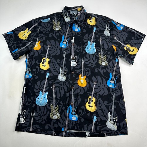 High Seas Trading Co. Mens Large Black All Over Guitar Hibiscus Hawaiian Shirt