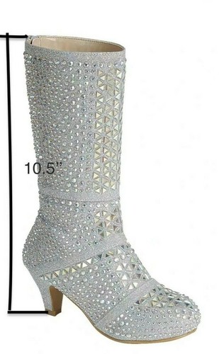 Kids Girls Fashion Rhinestone Glitter Boots Shimmering Low Heel Party Shoes Size - Picture 2 of 15