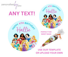 PERSONALISED DISNEY PRINCESS THEME Party Bag Stickers Add Name