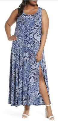 Michael Kors Women s Arabesque Paisley Blue & White Sleeveless Long Dress 2X