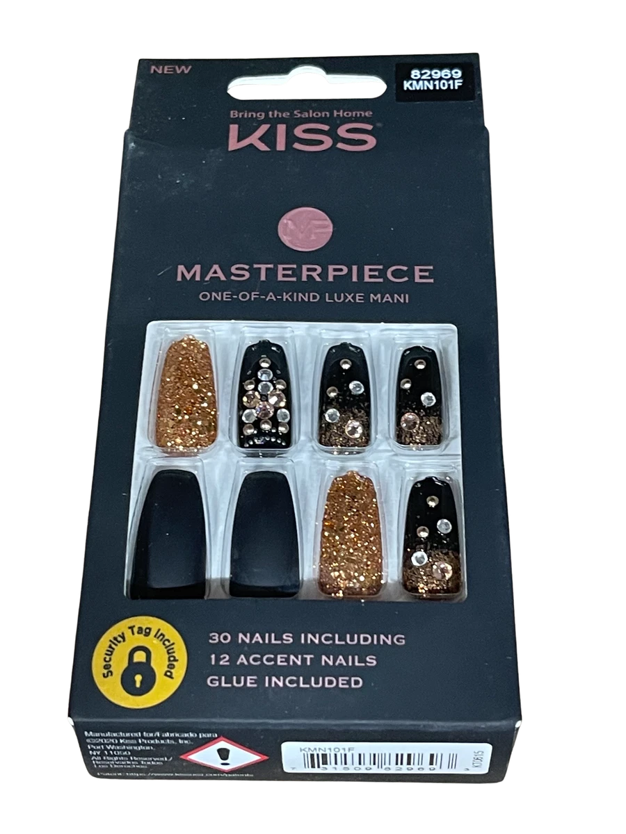 Kiss MASTERPIECE NaIs Luxe Mani Long Length Glue On Nails Black Gold 82969