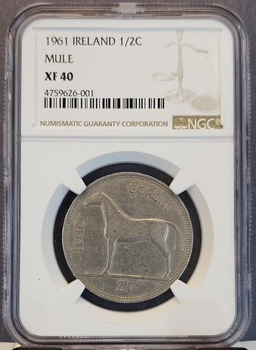 1961 IRELAND 1/2 CROWN MULE NGC XF 40 VERY SCARCE VARIETY HIGH GRADE