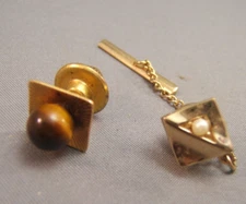 Tiger Eye & White Faux Pearl Tie Tack  Pin  Men's Accessories Gold Tone