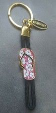Hawaii Sandal Pink With White Hibiscus Flowers Goldtone Metal Keychain