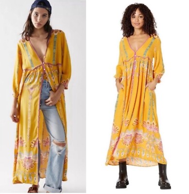 Free People Yellow Floral Button V-Neck Foley Smocked Sleeve Maxi Dress XS  $168 | eBay
