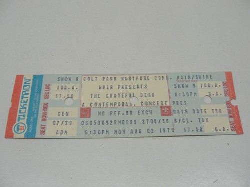 2. AUG 1976 THE THANKS DEAD COLT PARK HARTFORD CONN FULL TICKET JERRY GARCIA - Bild 1 von 2