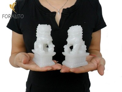 Pair Chinese Feng Shui White Lion Statue Evil Guardian Door Fu Foo Dog Figurine
