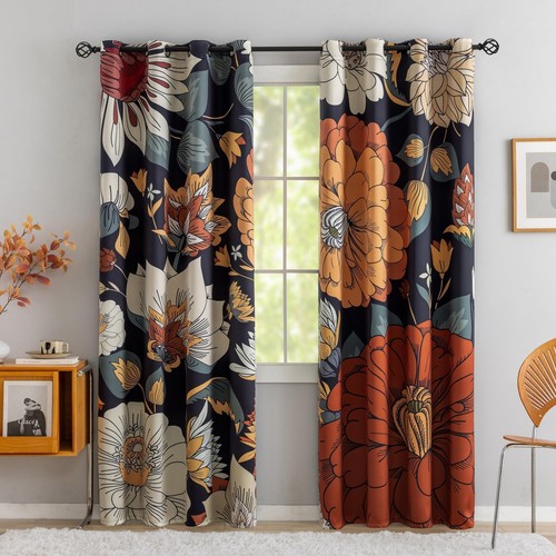Black Boho Floral 100% Blackout Curtains for Bedroom 84 inch Long 2 Panels Mi...