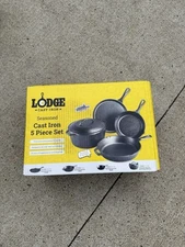 Lodge Cookware Set Black Cast Iron Round Pre-Seasoned Easy-Grip Handles 5-Piece