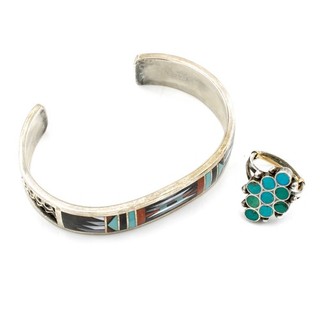 Zuni Signed Charlotte Dishta Turquoise MOP Onyx Channel Inlay Lot of 2 #S5335 3