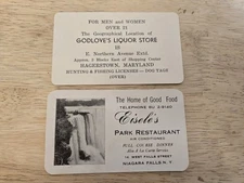 VTG PAIR BUSINESS CARDS EISELE'S RESTAURANT NIAGRA FALLS NY + GODLOVES LIQUORS