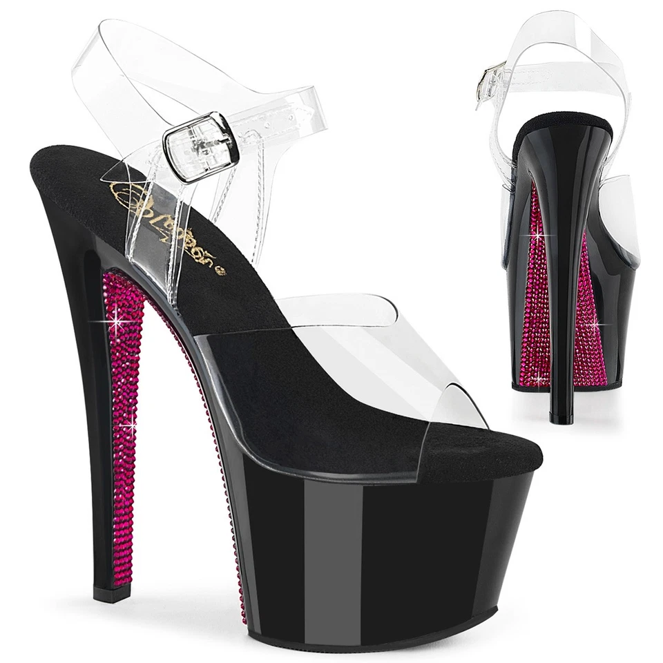SKY-308CRS Pleaser Lady High-Heel Plateausandaletten klar schwarz hotpink Strass - Bild 1 von 1