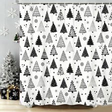 72x72 Christmas Shower Curtain, Black, White Tree, Winter Pine, Holiday Decor