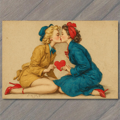 POSTCARD Retro Romantic Women Kiss Heart Vintage Style Love