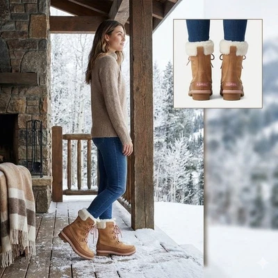 Sorel Explorer II Joan Cozy Boots Youth 6 (Fits Wmns 7.5) Suede Taupe Faux Fur - Image 1 of 4