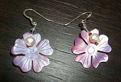 Real pink mother of pearl shell flower freshwater pearls 925 silver earrings - Picture 4 of 4