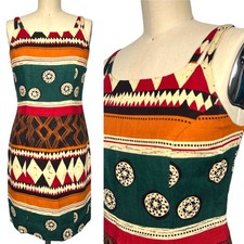 VTG 90s Y2K Andrea Jovine Linen Mini Dress Petite Ethnic Print Shift Dress 4 S