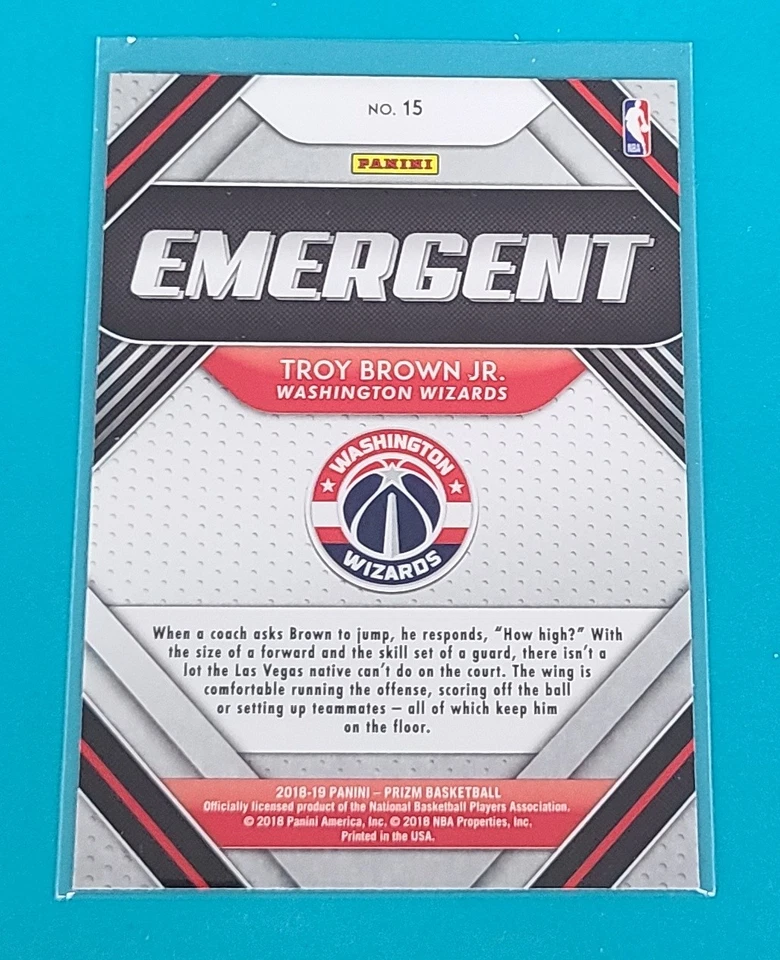 2018 Prizm Emergent #15 Troy Brown Jr. Washington Wizards Basketball Card J6 - Image 2 of 2