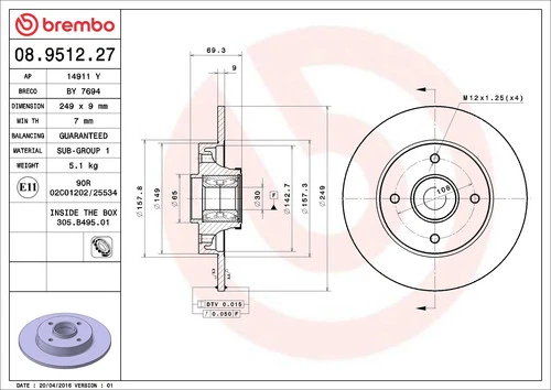 2x BREMBO 08.9512.27 Disque de frein - Photo 1/3