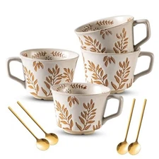 Coffee Mugs Set of 4 with Gold Spoon, 11 oz Ancient Style Hand Bean leaf