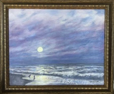 BREAKERS AND THE RISING MOON - 16X20 inch framed oil seascape by K. McDermott