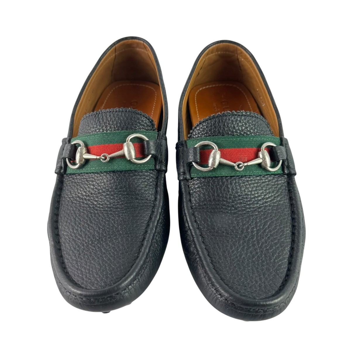 GUCCI 322741 Black Leather Driver Horsebit Web Men