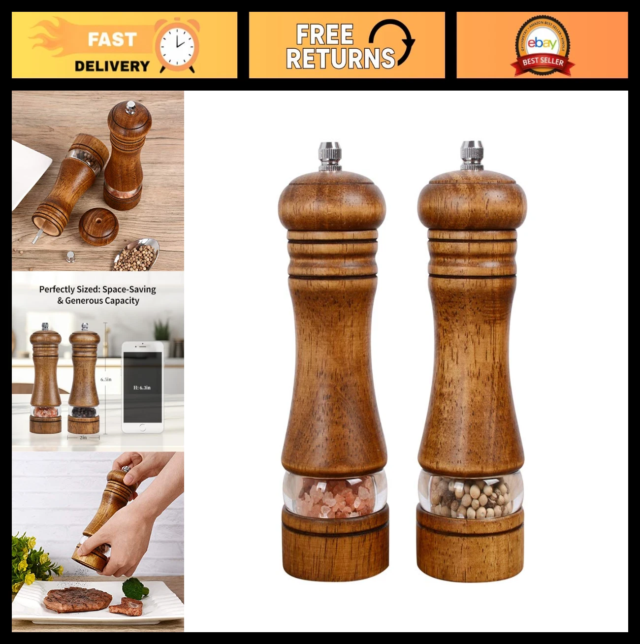 2 Pack Manual Salt and Pepper Grinder Set - Adjustable Ceramic Mill with Acrylic