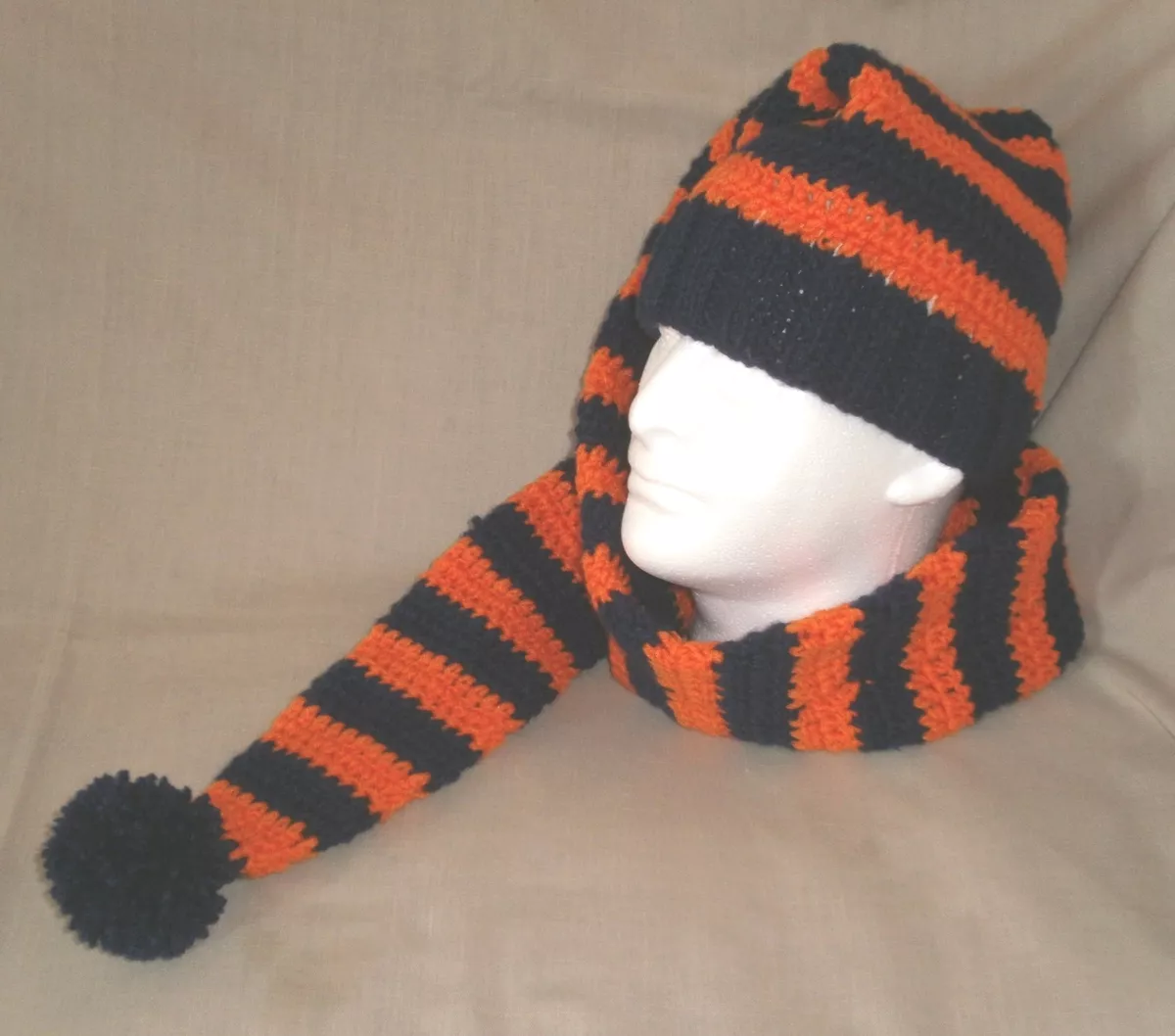 Hand knit Stocking Hat beanie extra long navy orange striped Tuque 5 long