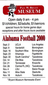 Details About 2000 University Of Alabama Crimson Tide Football Pocket Schedule