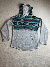 Women  s Aztec 1/4 Button Up Hooded Sweatshirt Pullover Grey Size XL Pockets